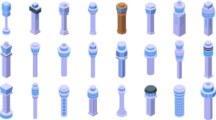 Airport control tower icons set. Diverse isometric airport control towers ensuring safe and efficient air travel