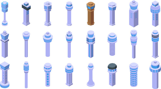 Airport control tower icons set. Diverse isometric airport control towers ensuring safe and efficient air travel