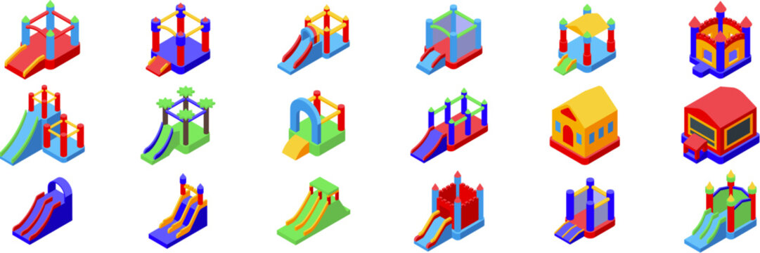 Inflatable bouncy house icons set. Colorful isometric set of inflatable bouncy castles and slides, perfect for children s parties and outdoor events, ensuring fun and entertainment