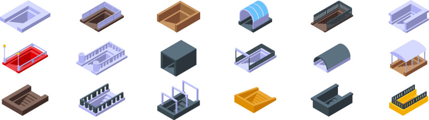 Underpass icons set. Collection of underground passage entrances and exits, featuring various designs with stairs, railings, and coverings