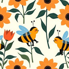 Fototapeta premium Seamless pattern of cute little bees and sweet flowers