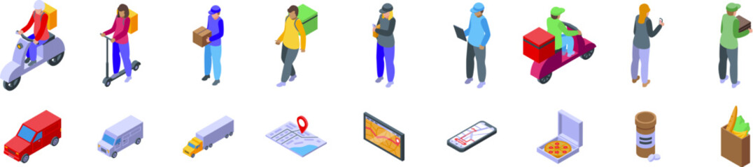 Courier tracking icons set. Illustrations of modern delivery methods and transportation options