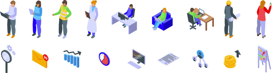 Workforce productivity icons set. Outsourcing team managing business, working remotely using laptops and internet, communicating with colleagues, analyzing data and planning work