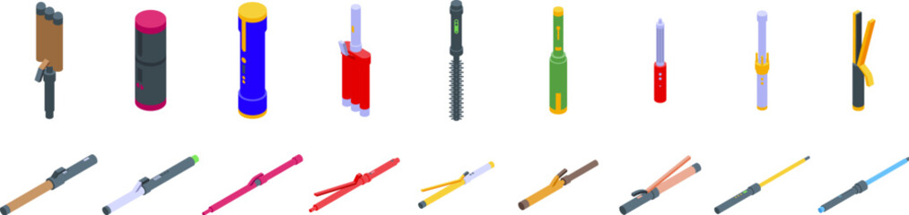 Hair curler icons set. Collection of isometric hair styling tools including curling irons, straighteners, crimpers, and brushes, offering various options for achieving desired hairstyles