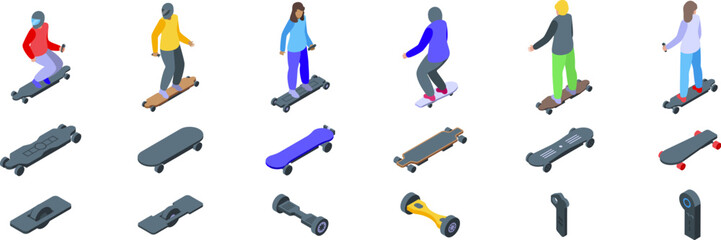 Electric skateboard icons set. Isometric set of electric skateboards, hoverboards, and people enjoying these modern personal transportation devices