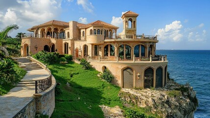 Obraz premium Luxurious beachfront estate perched on a cliffside.