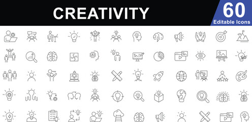 Creativity and Innovation Line Icons Set. Idea, Brainstorming, Solutions and AI Symbols