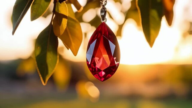 Elegant teardrop red ruby pendant necklace hanging from a tree branch, warm sunset light shining through leaves and blurred background.