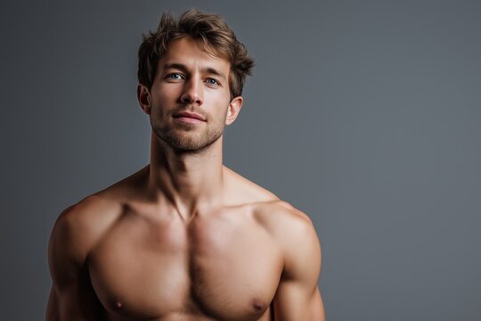 A man with a shaved chest and a beard is standing in front of a gray wall. He has a serious expression on his face