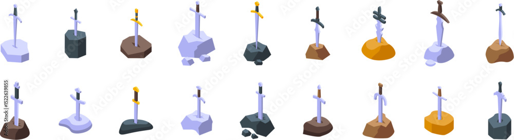 Poster sword stone icons set. isometric set of sword icons showing different types of metal swords stuck in