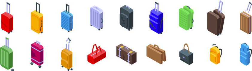 Broken luggage icons set. Colorful isometric icons representing diverse luggage options for travel, including suitcases, backpacks, and briefcases