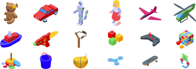 Broken toys icons set. Isometric toy icons set featuring various playthings for children, promoting fun, learning, and development