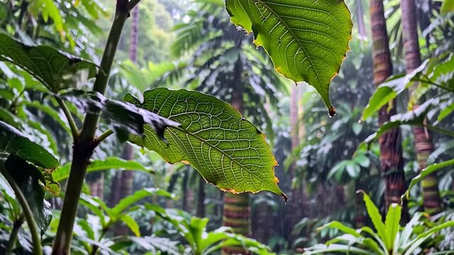 pioggia nella foresta pluviale, con le gocce che cadono sulle foglie