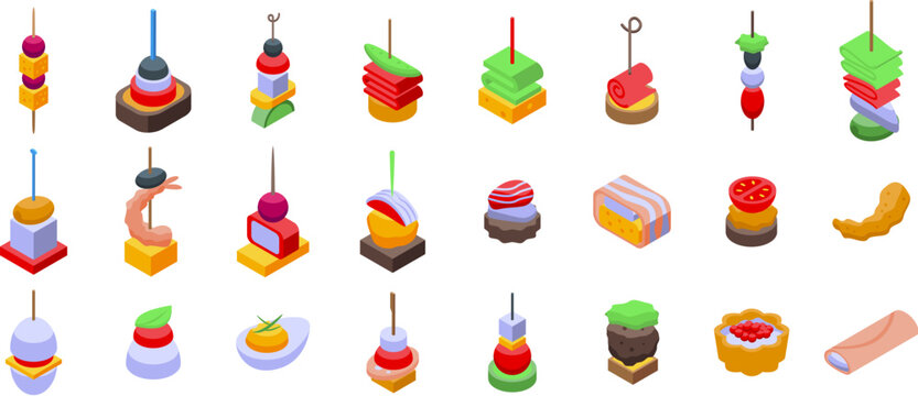 Buffet finger food appetizer icons set. Various skewered appetizers displayed in vibrant, isometric style