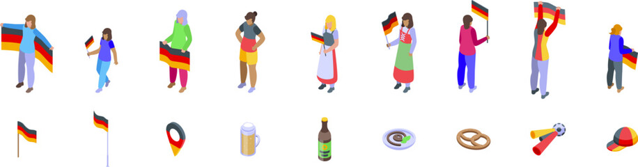 Woman holding germany flag icons set. Isometric icons representing people celebrating german culture, waving flags, wearing traditional clothing, and enjoying pretzels, beer, and sausages