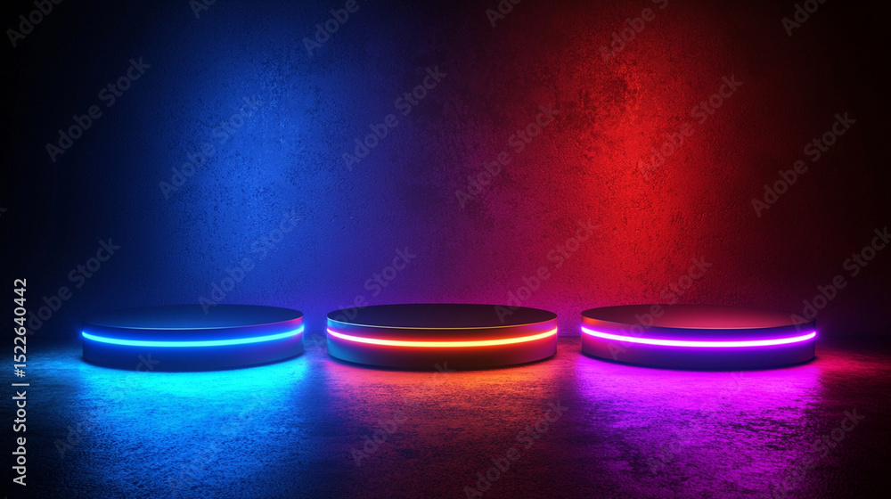 Aufkleber three illuminated podiums with neon lights on a dark background with color effect