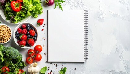 Blank notebook surrounded by colorful, fresh produce on textured white surface