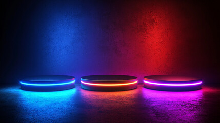 Three illuminated podiums with neon lights on a dark background with color effect
