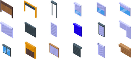 Roller shutter up icons set. Isometric icons showcasing various rolling shutters, highlighting their role in security and protection for residential and commercial properties