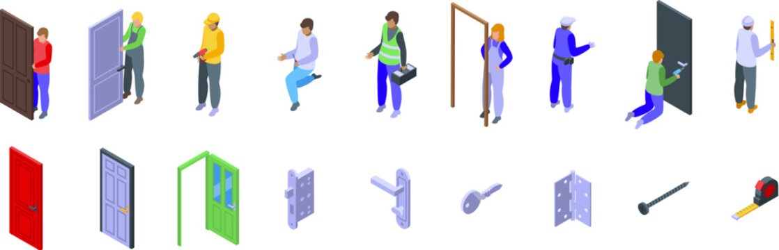 Door installation icons set. Skilled carpenters installing, repairing, and maintaining doors, ensuring proper functionality and security for homes and businesses