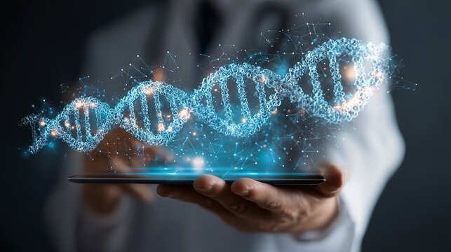 Doctor using digital tablet with dna and medical network interface