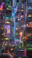 Neon Outlined Robotic Arms Assembling Components in Sync