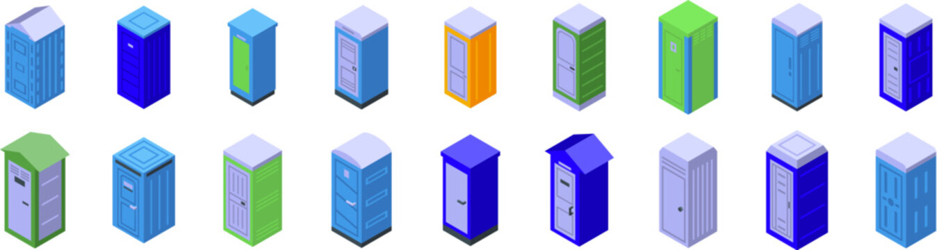 Bio toilet icons set. Collection of portable toilet icons in isometric view, showcasing diverse designs and colors suitable for construction sites, festivals, concerts, and outdoor gatherings