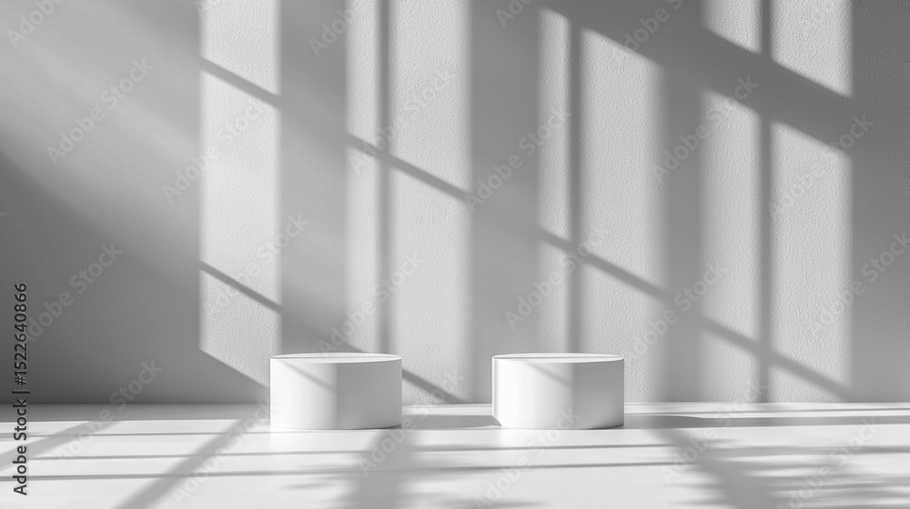 Poster minimalist 3d rendered product display with shadows and two cylindrical platforms