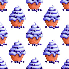 Blueberry cupcake with cream. Seamless pattern hand drawn watercolor. Sweet pastry. Tasty holiday food. Sugar dessert. Bakery cafe treat. Illustration background for fabric and packaging.