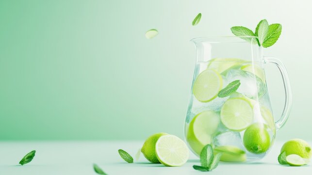 Refreshing Lime Infusion: A refreshing visual of a pitcher filled with water and lime slices, garnished with fresh mint leaves, creating a visual symphony of taste and vitality.