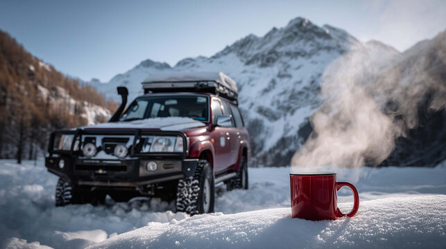 Snowy overlanding adventure with 4x4 off-road vehicle in mountains. Red mug with steam in foreground. Winter camping, exploration, freedom, and outdoor survival atmosphere.