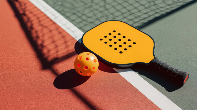 Pickleball paddle and perforated ball on court with strong shadows. Outdoor summer sport, trendy recreation activity gaining popularity in active lifestyle and leisure scenes.