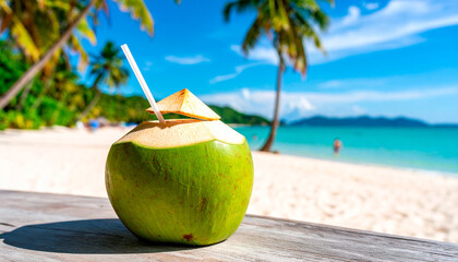 King Coconut Water in Fresh Coconut with Straw, Beach