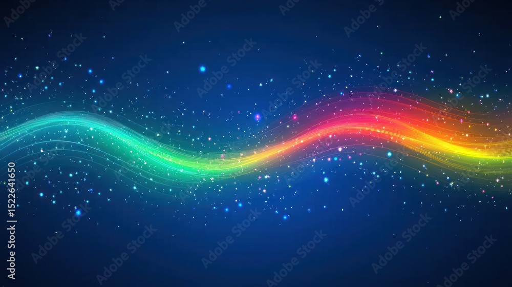 Poster vibrant abstract design with wavy lines and sparkling particles.