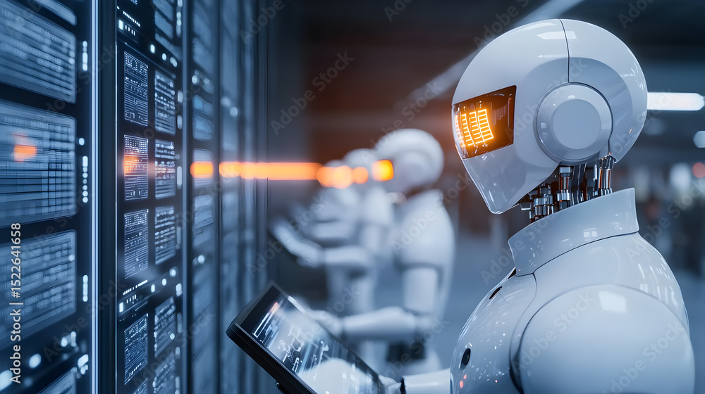 Poster robots operate servers in a futuristic data center, using advanced technology for data management an