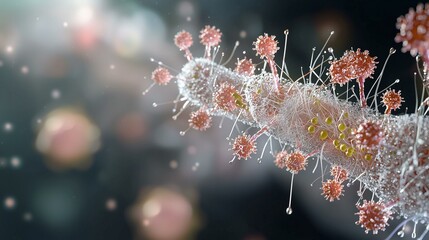 Microscopic virus interaction laboratory setting scientific visualization advanced technology close-up view infectious disease research