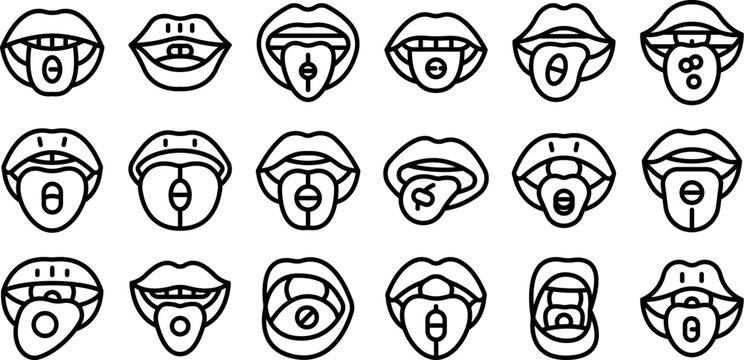 Pill tongue icons set. Collection of simple black and white icons representing mouths with tongues holding various pills
