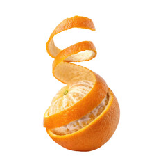 Ripe orange fruit half peeled with spiral skin isolated on a transparent background png