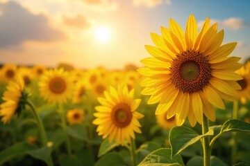 Fototapeta premium A vibrant sun shines on a field of blooming sunflowers, representing joy and the simple pleasures of nature Perfect for themes of optimism, well-being, and positive energy , warmth, sunny day