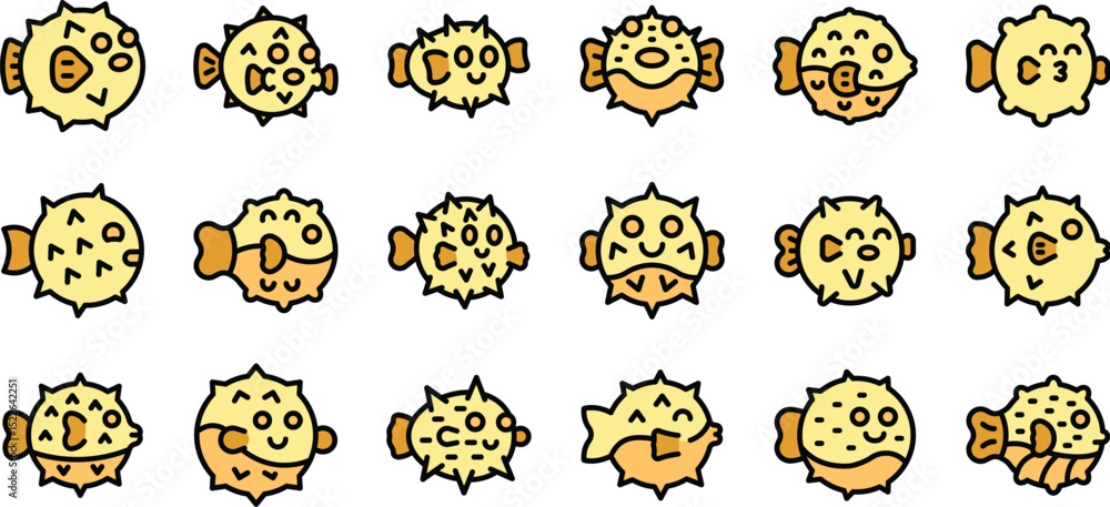Poster twelve pufferfish icons displaying different emotions and body postures, creating a playful and dive