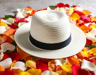 Straw hat on rose petals