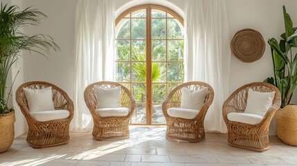 Light-filled sun-drenched  living area with wicker armchairs