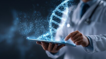 Doctor using digital tablet with dna and medical network interface