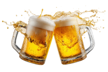 Two glass mugs clinking with splashing golden beer and frothy foam against black background, cut out