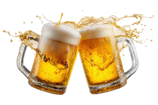 Two glass mugs clinking with splashing golden beer and frothy foam against black background, cut out
