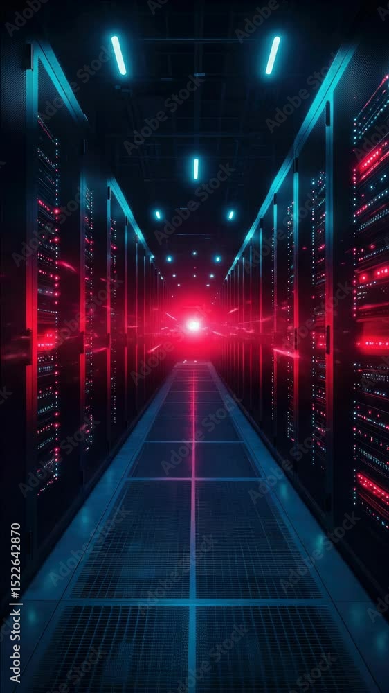 Poster modern data center aisle with red lights and server racks in the background.
