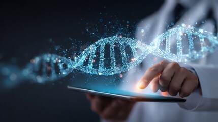 Doctor using digital tablet with dna and medical network interface