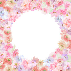 Watercolor floral frame with painted gentle flowers. Hand-drawn floral illustration. For invitations, greeting cards.