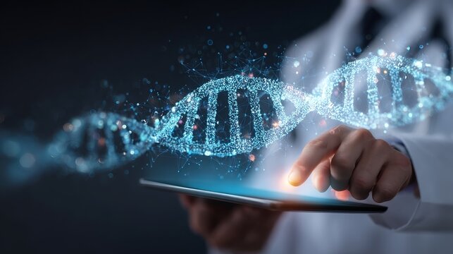 Doctor using digital tablet with dna and medical network interface