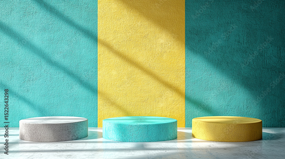 Poster three colorful podiums against a textured wall with shadow, presentation and product display